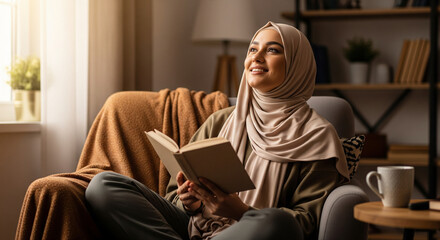 young woman in hijab sitting on sofa and reading book