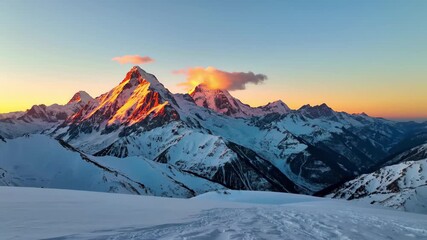 Stunning sunrise paints snow-capped mountain peaks with vibrant golden and orange hues - Powered by Adobe