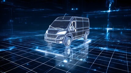 Futuristic cargo van design prototype rotates on a digital workspace grid interface