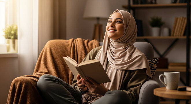 young woman in hijab sitting on sofa and reading book