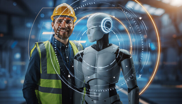 Factory's new friend: A factory worker and a robot stand side by side, showcasing the progress of industry. The man shows a sense of accomplishment by working with a modern industry friend.