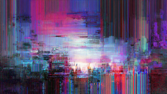 A vibrant, abstract digital art piece showcasing a glitched urban landscape with neon pink, blue, and purple hues, reflecting a cyberpunk aesthetic.