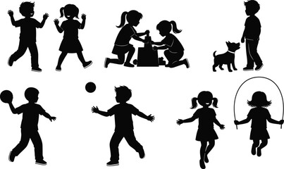 Children silhouettes playing in various activities, running, jumping rope, throwing balls, interacting with pets, fun energetic childhood scene for creative projects