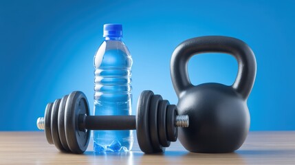 A kettlebell and dumbbell next to a water bottle set against a blue background, This image is ideal for fitness articles, gym promotions, or health blogs emphasizing weight training and hydration,