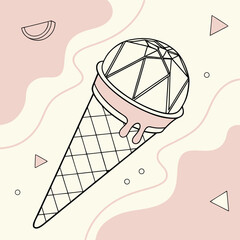 Elegant minimalist vector illustration of an ice cream cone with a diamond-shaped scoop in soft pastel colors. Perfect for aesthetic designs, posters, branding, packaging, and modern decor.