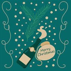 Festive flat vector with a champagne bottle popping, fir branches and Merry Christmas text on a winter background.