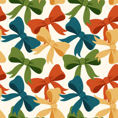 Obraz premium Christmas pattern with multicolored festive bows in teal, green, red and gold, arranged in a seamless repeating layout on a light background, suitable for gift wrap, textiles and holiday decor.