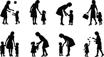 Mother and children silhouettes interacting in various activities, parenting moments illustration, caring family scenes, nurturing relationships for creative educational projects