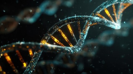 closeup double helix strands with gold accents, highfidelity 3d visualization of genome sequence and molecular structure, data-driven biotech aesthetic for precision medicine and algorithmic analysis