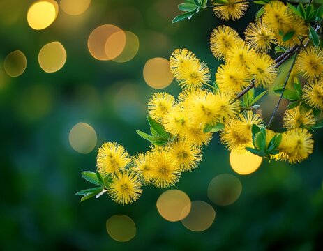 yellow blossoms with green bokeh background