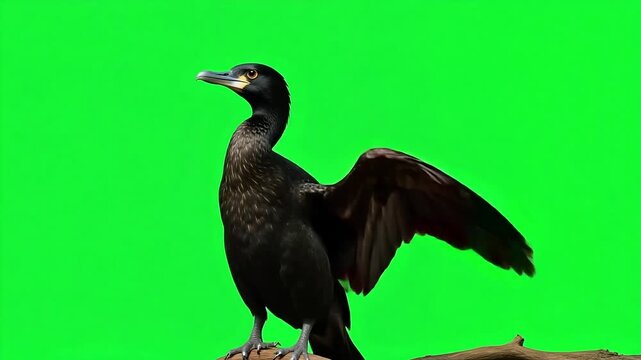 Graceful cormorant perched against vibrant green screen backdrop ideal for nature documentaries and educational videos, seamless integration for visual effects work