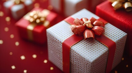 Close-up of elegant gift boxes wrapped in white paper with gold stars, red ribbon and golden bows on a red background with sparkling confetti and bokeh, festive holiday scene.