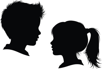 Silhouette profiles of boy and girl facing each other, childhood concept, detailed kid head silhouettes, creative design elements for educational projects