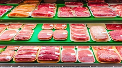 A vibrant display of various meat cuts in a grocery store, showcasing organized packaging and color variety, This image can be used for food marketing, cooking blogs, or grocery advertisements,