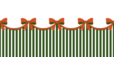 Christmas border with seamless red ribbon bows and green vertical stripes, suitable for holiday cards, packaging, posters, invitations, borders, dividers and festive seasonal decoration.