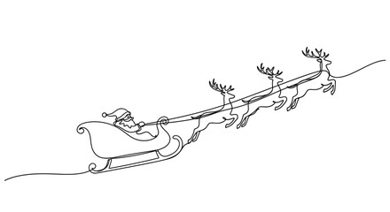 Santa Claus in Sleigh Pulled by Reindeer Continuous Line Drawing for Christmas card