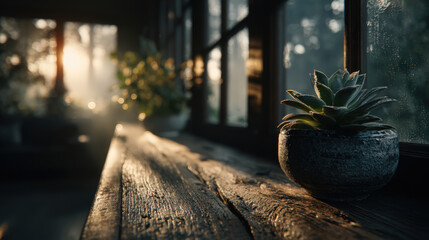 Rustic window light morning sun succulent plant wooden sill cozy interior soft focus natural light dew drops serene mood forest view