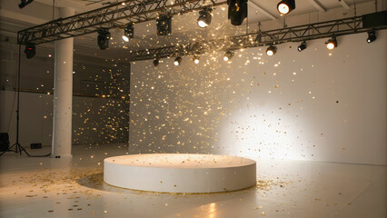 Round pedestal glitter confetti stage spotlight studio celebration golden festive empty