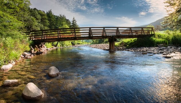 tranquil river flowing beneath a sturdy wooden bridge landscape tranquility