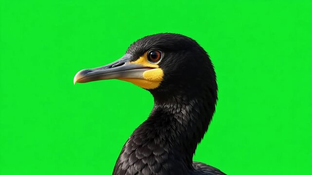 Watch this fascinating cormorant close-up with vibrant plumage details and striking eye contact against a clean green screen background for seamless integration