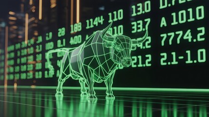 Digital bull symbol representing financial market growth and investment trends