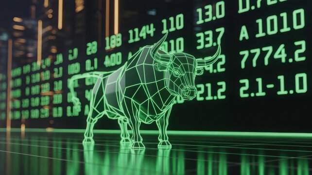 Digital bull symbol representing financial market growth and investment trends - Powered by Adobe