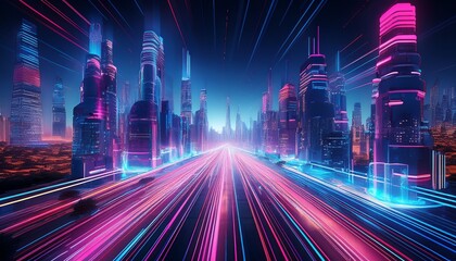 a sprawling futuristic city at night with blue and pink light streaks