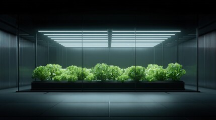 A modern indoor greenhouse illuminated by bright lights showcases vibrant lettuce plants, perfect for articles on sustainable farming, urban gardening, or hydroponics innovation,