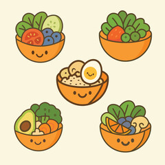 Cute Healthy Food Bowl Illustrations Set – Kawaii Salad, Vegetable, Fruit Bowl Vector Pack