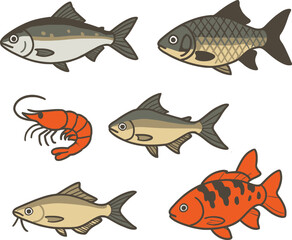 Fresh Seafood Icons Set with Fish, Prawns and Ocean Elements