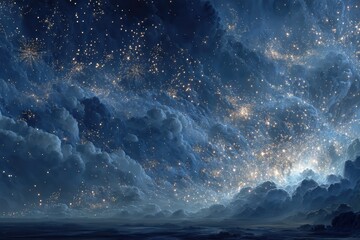 Fototapeta premium Dreamlike night sky with glowing clouds and sparkling stars across a vast horizon