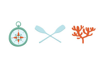 Vector hand-drawn set of illustrations of paddles, sea compass, and seaweed in cartoon style. Sketches for nautical design.