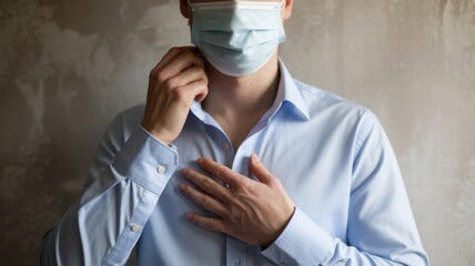 Man in a blue shirt wearing a medical face mask adjusts his clothing, focusing on health and safety during the pandemic