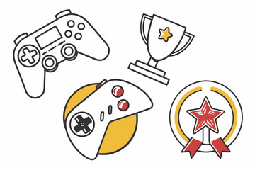 Video Game Controller Trophy Candle and Badge Icons on White Keywords: video game controller, trophy