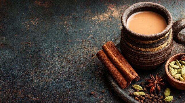 Traditional spiced milk tea is presented with aromatic ingredients on a dark, textured surface