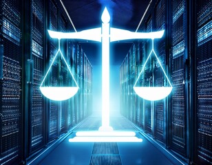 digital law concept law scales at data center abstract background