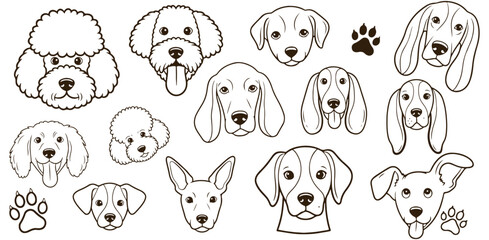 Cute Dog Faces Icons, Collection Of Poodle Beagle And Puppy Symbols For Kids Design Project Management And Education Applications

