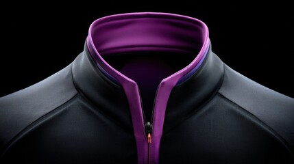 A close-up of a stylish sports jacket with a prominent purple collar, showcasing modern design elements, Ideal for fashion marketing, sports apparel promotion, or product catalogs,