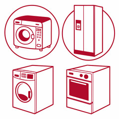 Household Appliances Icons Red Outline Drawing On White Background Keywords: household, appliances