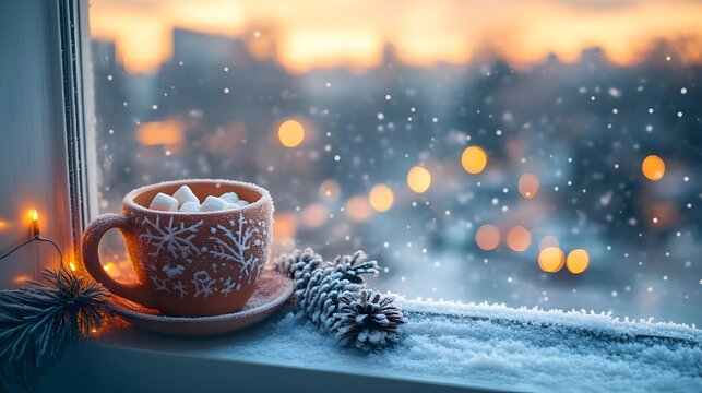 Frosted orange mug with marshmallows on a snowy windowsill, pinecones and warm string lights, soft bokeh city lights outside at sunset, cozy winter comfort scene.
