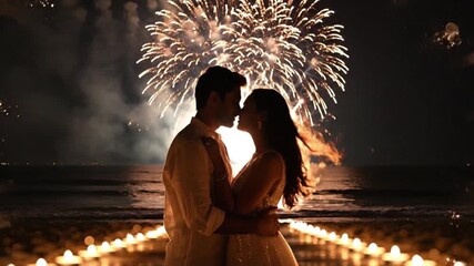 Dreamy Silhouette Couple Kiss by Shoreline with Fireworks and Candle-Lit Path - Powered by Adobe