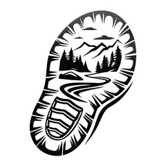 A black hiking boot footprint reveals a mountain landscape with river in monochrome