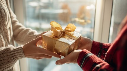 Couple exchanging Christmas gifts near bright window interior