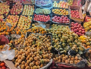 Fruits stacked in a local fruit market with apples, oranges, and other fruits in the background, showcasing abundance and healthy produce.