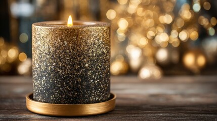 A glowing golden candle with glittery texture on a wooden surface, illuminated by warm side lighting with bokeh background.
