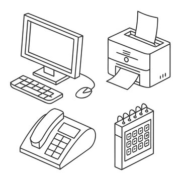 Isometric line art office equipment computer printer phone and calendar monitor keyboard