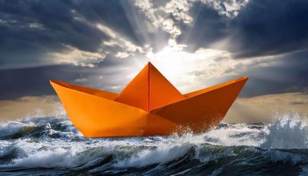 orange paper boat navigates turbulent ocean waves under stormy skies sunlight breaks through clouds illuminating fragile vessel battling rough seas hope resilience courage against adversity - Powered by Adobe