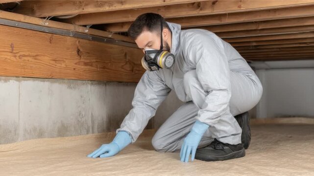Professional Worker Wearing Protective Gear Conducting Inspection in Crawl Space for Safety and Maintenance Solutions 4k video footage