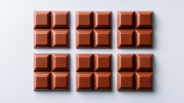 A clean arrangement of chocolate squares on a white background, ideal for use in food blogs, recipes, advertisements, or any project related to sweets and desserts,