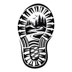 A boot footprint shows a mountain landscape with trees inside the footprint shape